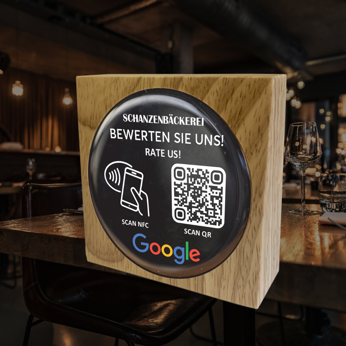Aufsteller Holz hell Eiche NFC QR für Google Bewertung beidseitig! Einfach QR-Code scannen und direkt Bewertung hinterlassen. Design wird nach Ihren wünschen individualisiert.