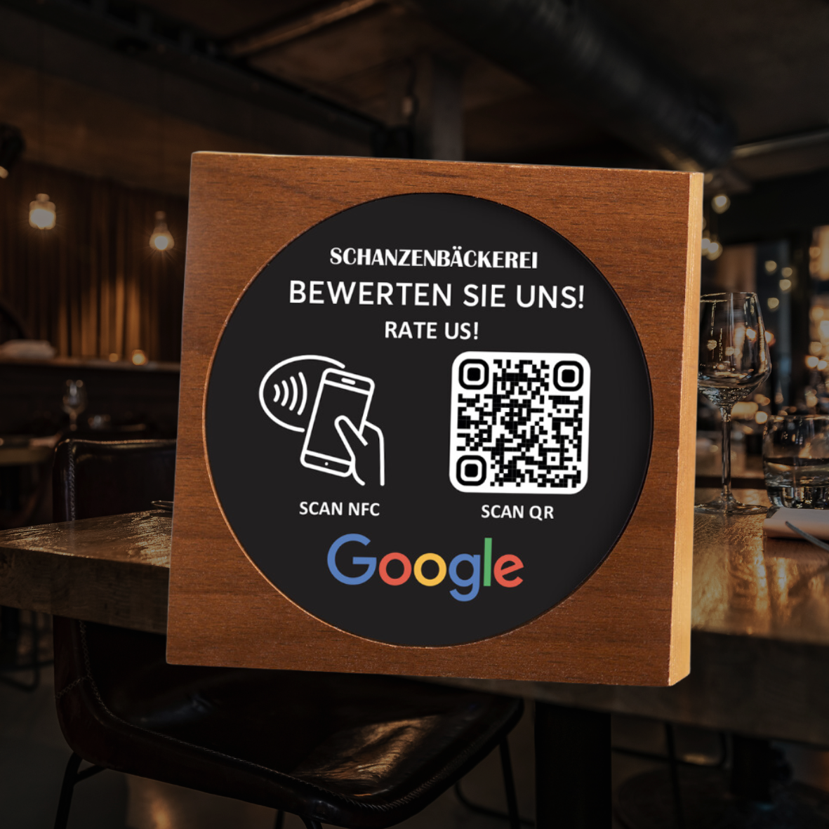 Aufsteller Holz braun NFC QR für Google Bewertung beidseitig! Einfach QR-Code scannen und direkt Bewertung hinterlassen. Design wird nach Ihren wünschen individualisiert.